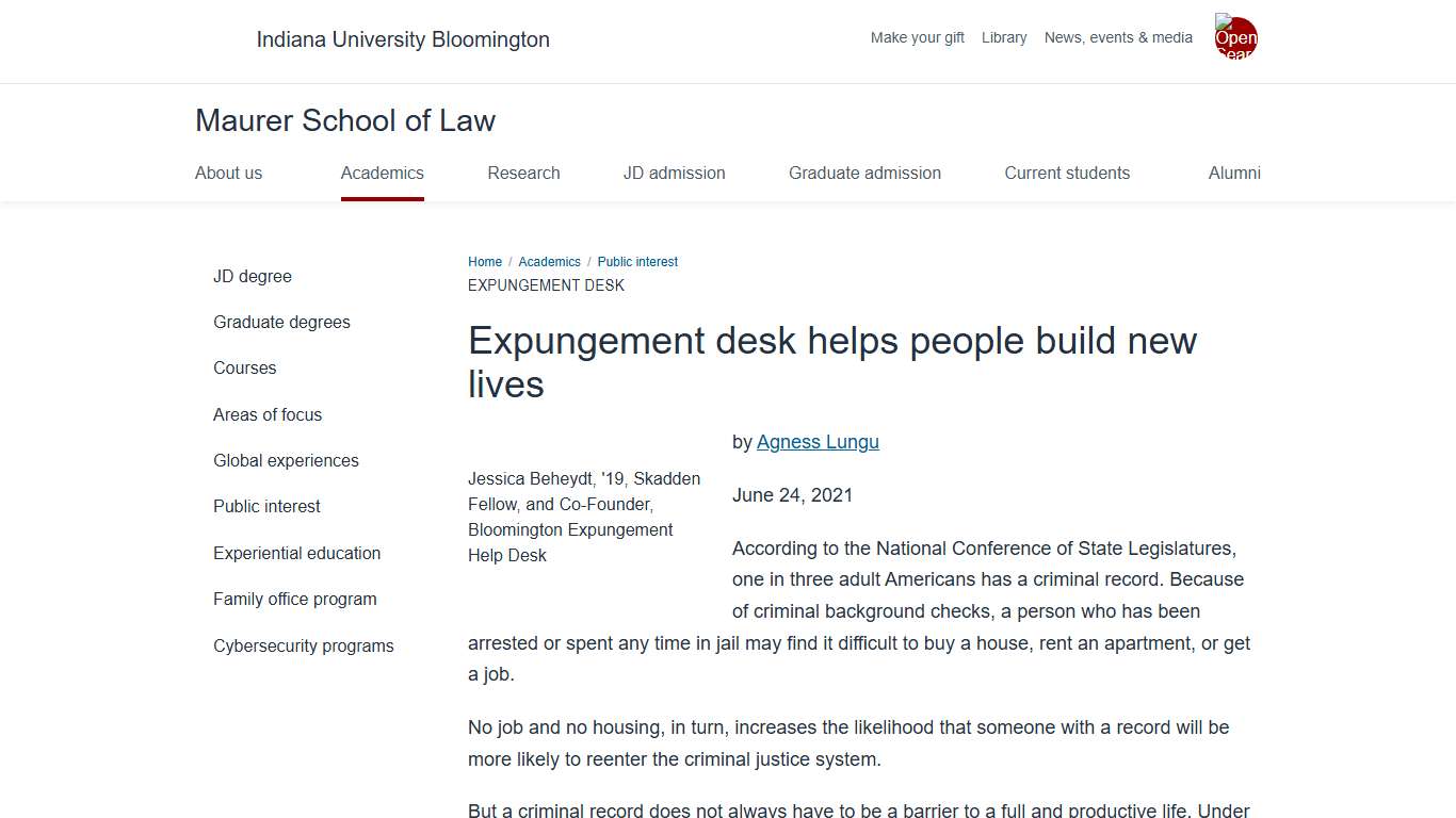 Expungement desk: Public interest: Academics: Maurer School of Law: Indiana University Bloomington