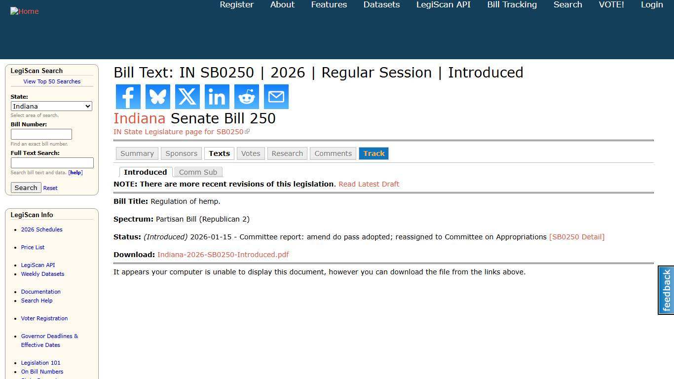 Bill Text: IN SB0250 | 2026 | Regular Session | Introduced | LegiScan